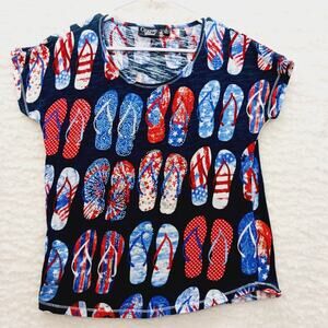 T-Shirt Size S Flip Flop Rhinestone Star Stripe Americana Patriotic Holiday USA